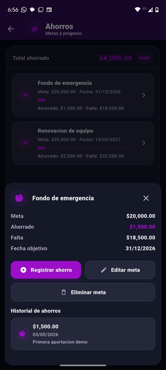 Pantalla de detalle de meta de ahorro en Cuentas de Bolsillo