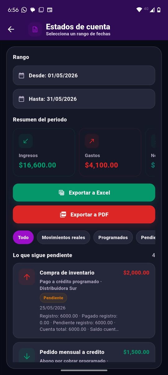 Pantalla de estados de cuenta en Cuentas de Bolsillo