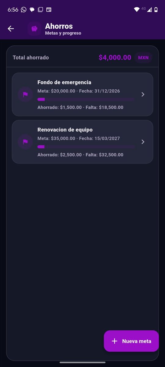 Pantalla de metas de ahorro en Cuentas de Bolsillo