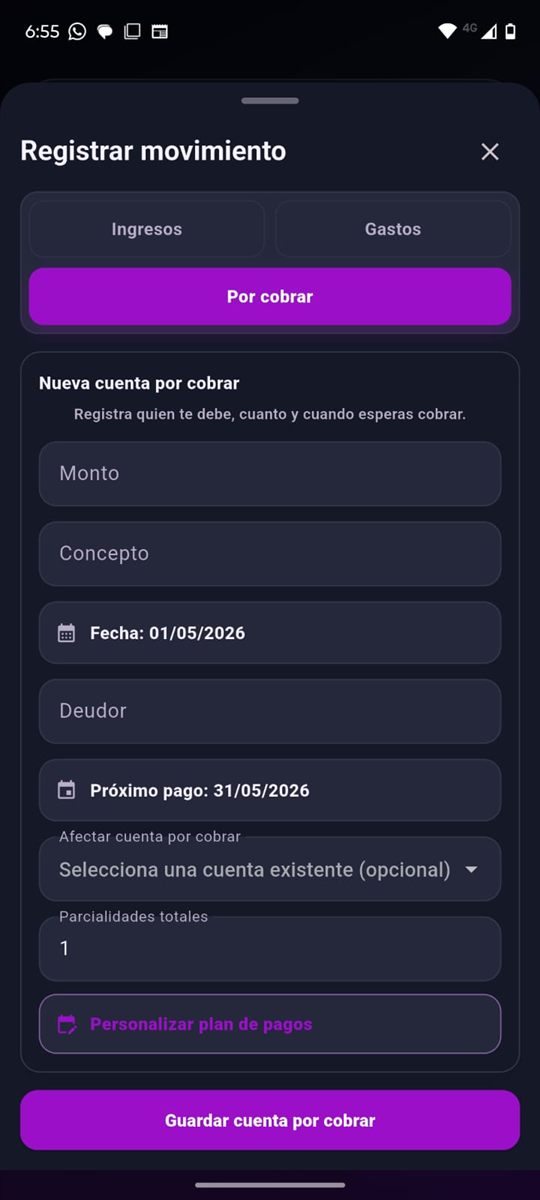 Formulario para registrar cuenta por cobrar en Cuentas de Bolsillo