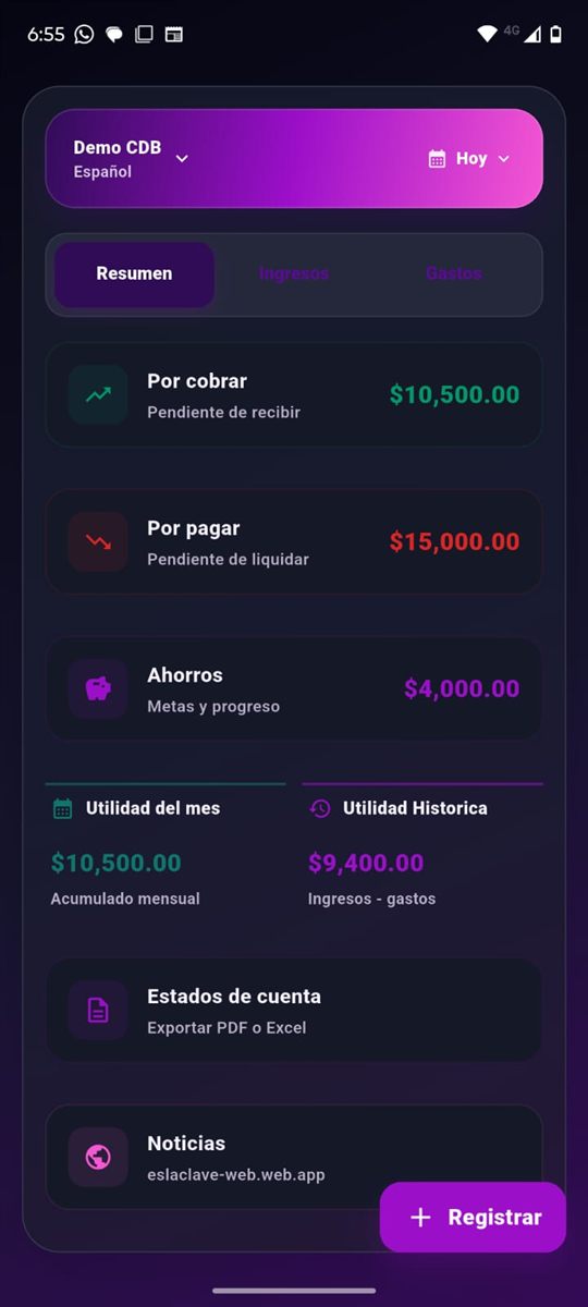 Pantalla de resumen financiero en Cuentas de Bolsillo